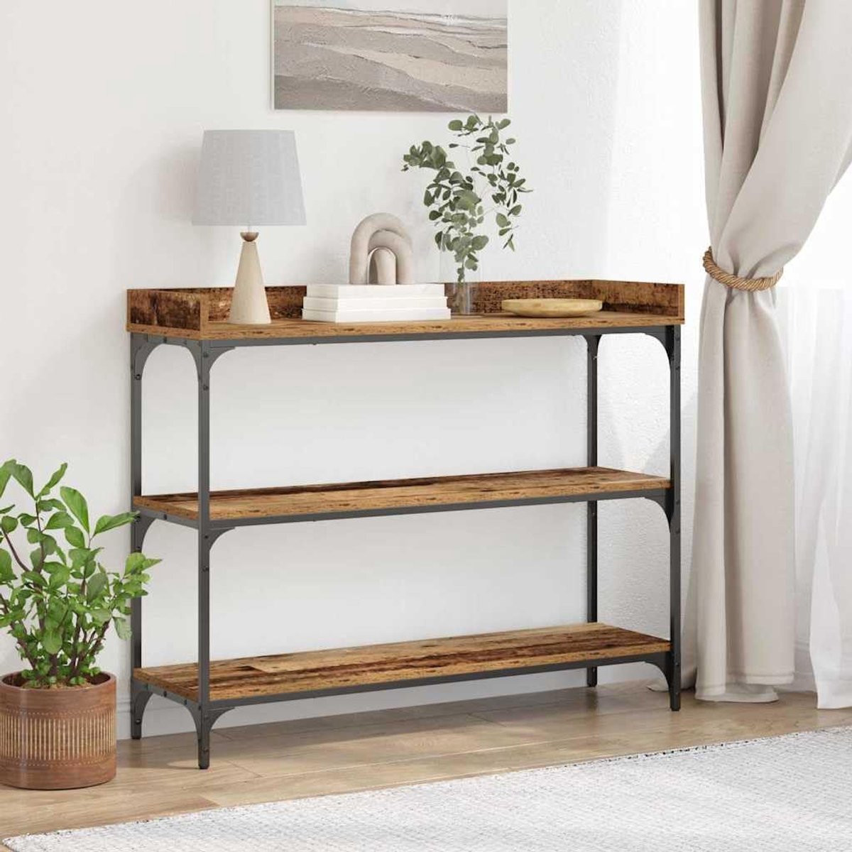 Industriële Consoletafel - Bijzettafel Plank - Woonkamer Decoratie - Verstelbare Poten - 100 x 30 x 80 cm - Oud Hout