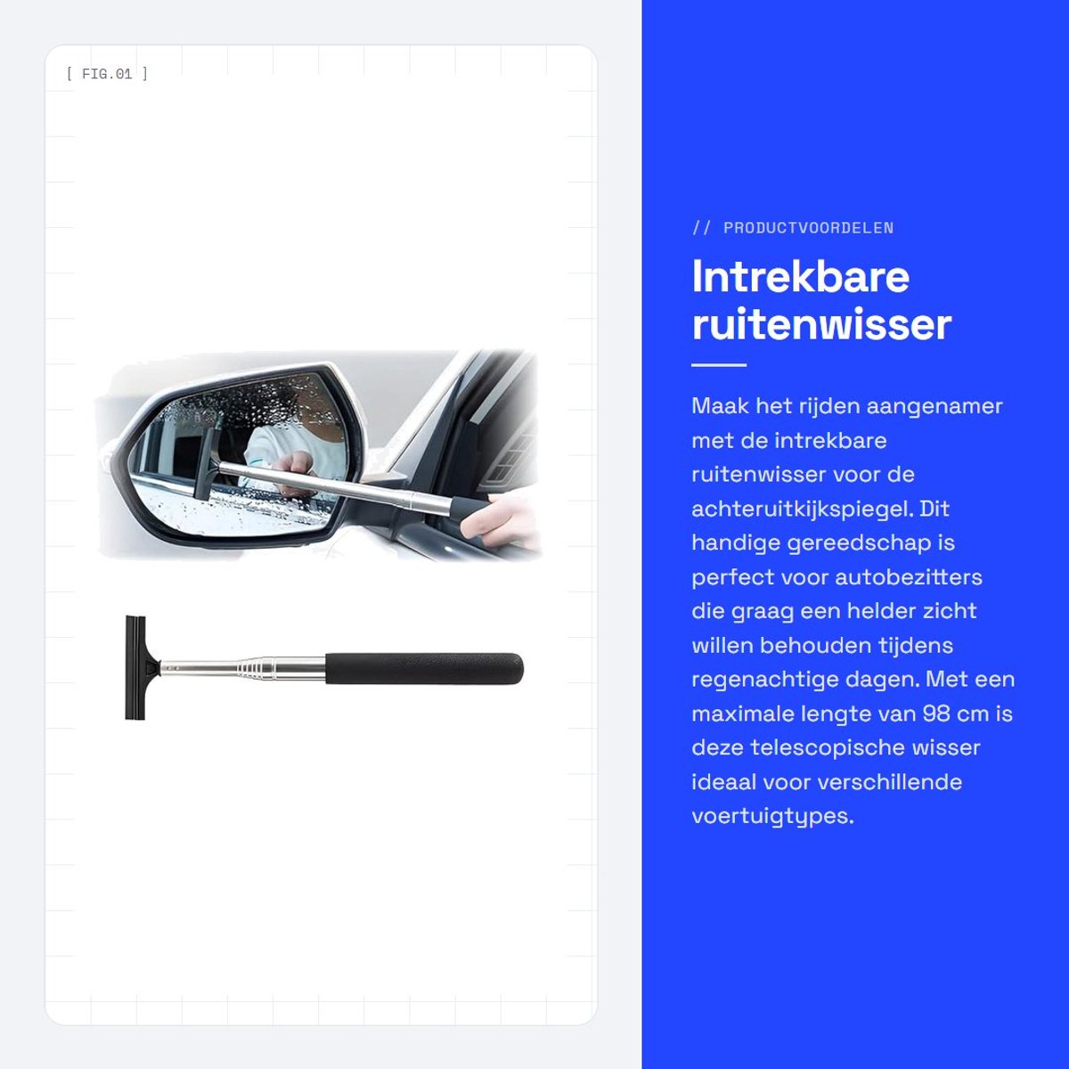 Dailygoods- Ruitenwisser Telescopisch - Uittrekbare Handgreep 21,2-98 cm - Rubber Spons - Universeel - Achteruitkijkspiegel Reiniger - Schokbestendig - Spiegelwisser