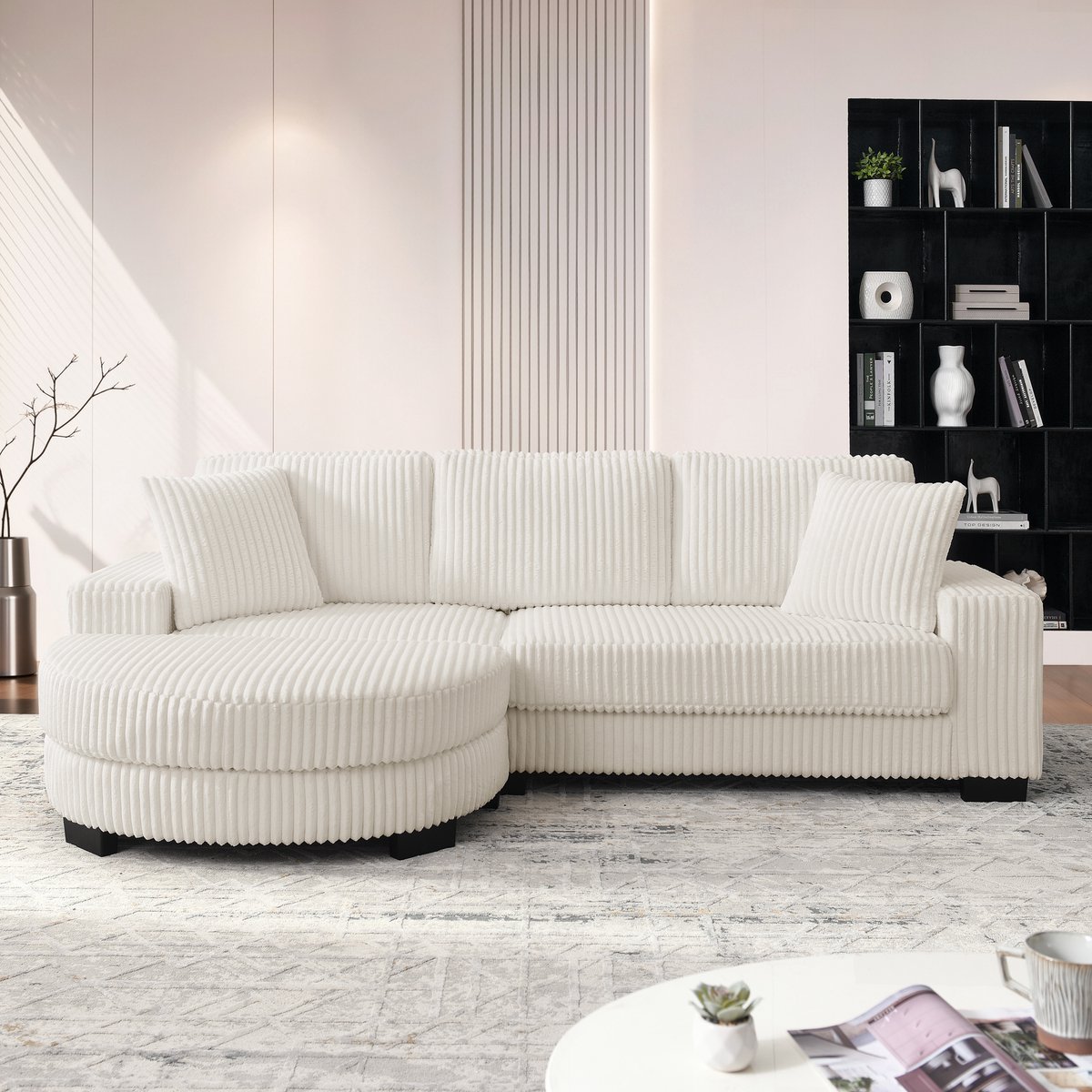 MIVRAY Hoekbank 256,5 x 133,5 x 89 cm - Modulair Met Verwisselbare Ovale Hocker - Woonkamer En Kantoor - Cord Beige