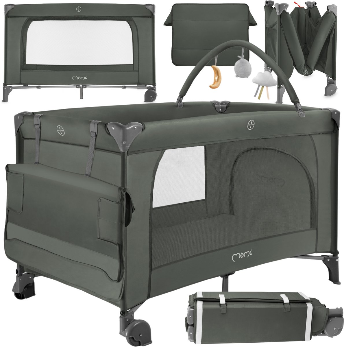 MoMi BELOVE PLUS Reisbedje & Campingbedje - 2 Niveaus - Met Verschoonblad, Speelboog & Matras - Vanaf Geboorte tot 15 kg - Groente