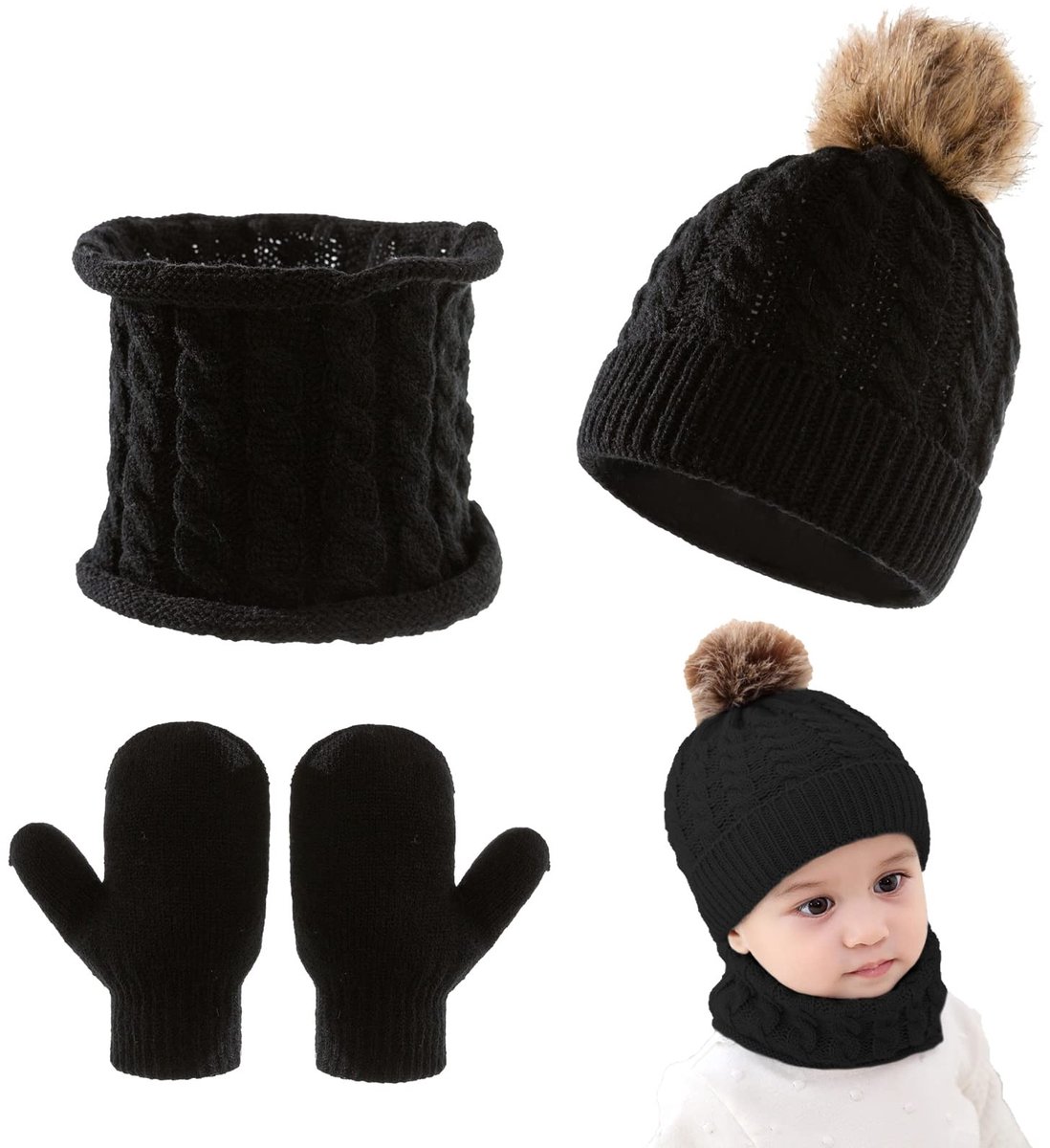 Dailygoods- Baby Beanie Set - Warme Muts/Sjaal/Handschoenen - Gebreid met Pompon - Zacht/Acrylvezels - Voor 0-3 Jaar - Babyset