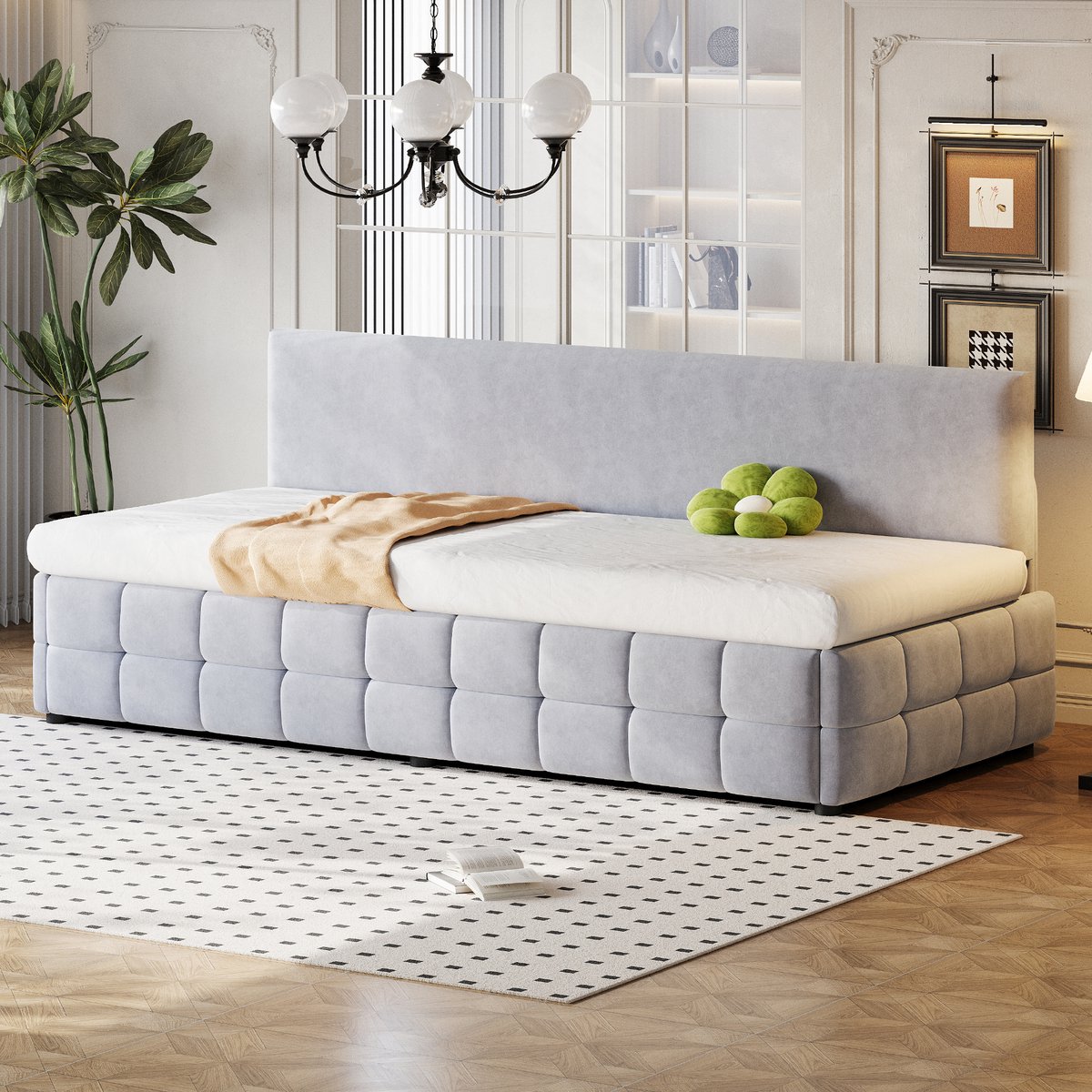 MEUNIQ slaapbank 90x200 cm met hydraulische opbergruimte, rugleuning zonder armleuningen, lattenbodem en velours bekleding voor slaapkamer of logeerkamer, lichtgrijs