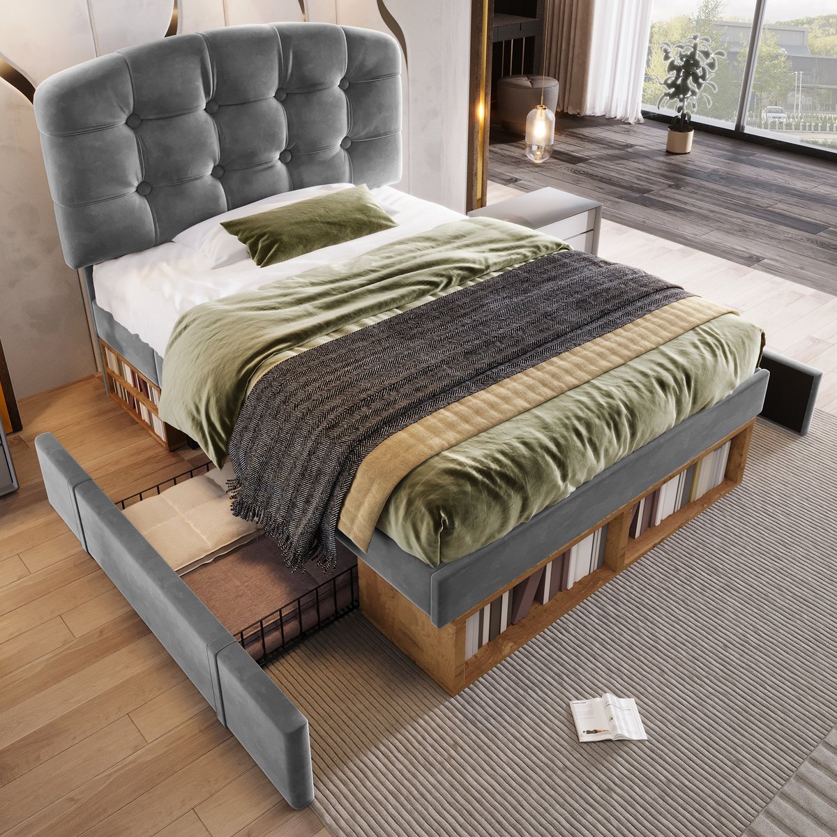 MEUNIQ eenpersoonsbed 90x200 gestoffeerd bed met hoogteverstelbaar hoofdeinde, lattenbodem