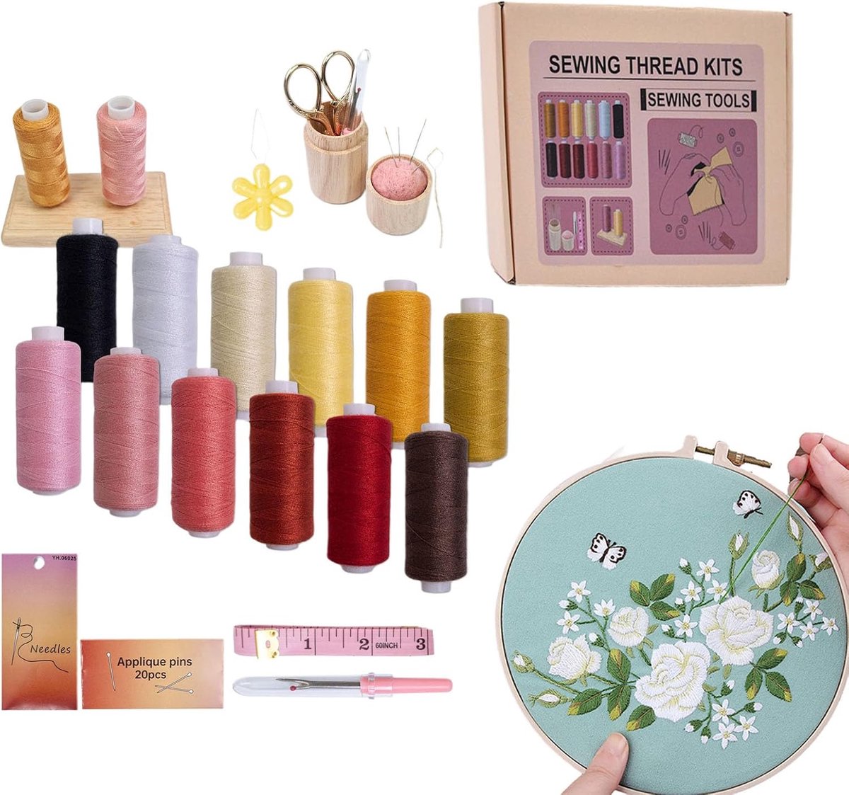 Naaigaren Set - Handwerk Benodigdheden - Kleding Repareren - 53 Delige Kit - 12 Kleuren Spoelen - Multicolor