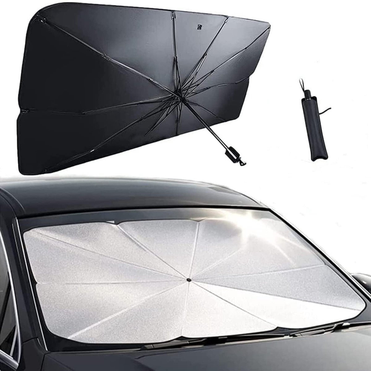 Dailygoods- Zonnescherm Auto 125 x 65 cm - UV-bescherming - Verstelbare Stang - Warmteafvoer - Lichtblokkerend - Compact Opvouwbaar - Autoparasol