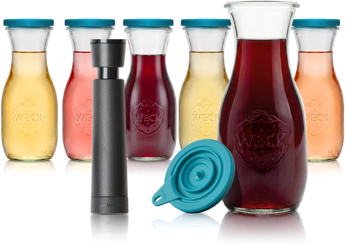 Airtender Wine Saver Carafe 500ml (6st.) | Vacuümpomp/-deksel & Karaf | 6x Vacuüm Wijnkaraf van glas (0,5L) | 6x Vacuümdeksel + GRATIS wijnpomp | Perfect om wijn tot 5x langer te bewaren | Vacuüm bewaren in de wijnkaraf | Past in koel & klimaatkast