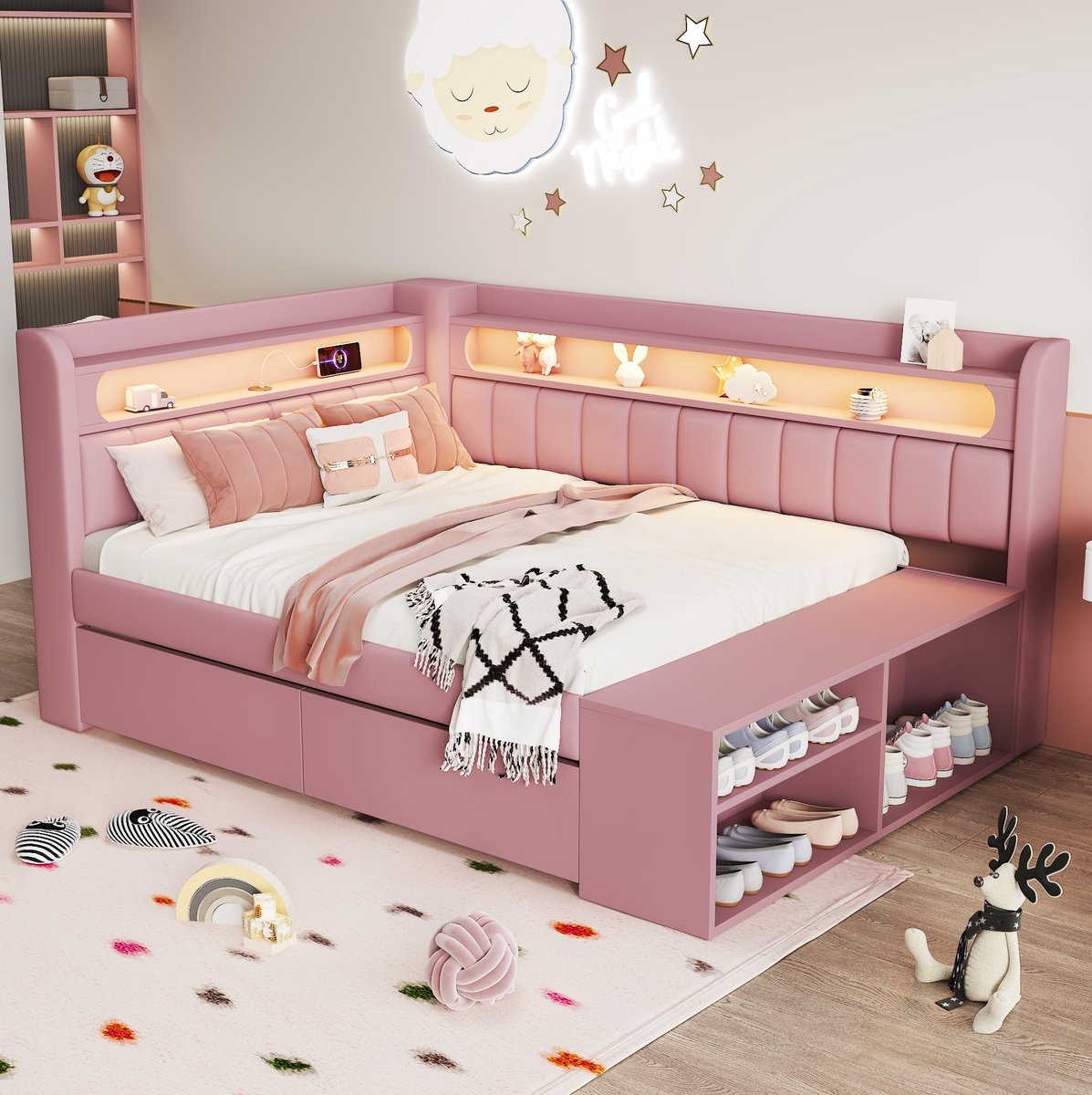 MEUNIQ eenpersoons bed 90x200 cm met LED-verlichting, USB-aansluiting, 2 lades en schoenenkast, gestoffeerd bedframe voor slaapkamer, roze