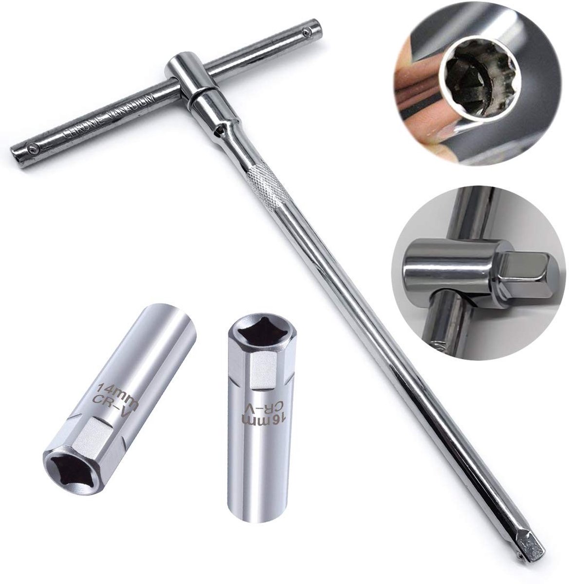 Dailygoods- Bougietrekker Set - 3/8" Dunne Muur Bougiesleutel - Bougiedop 14mm/16mm - Verstelbare T-Wrench - Sterk/Duurzaam - Totale Lengte 63mm