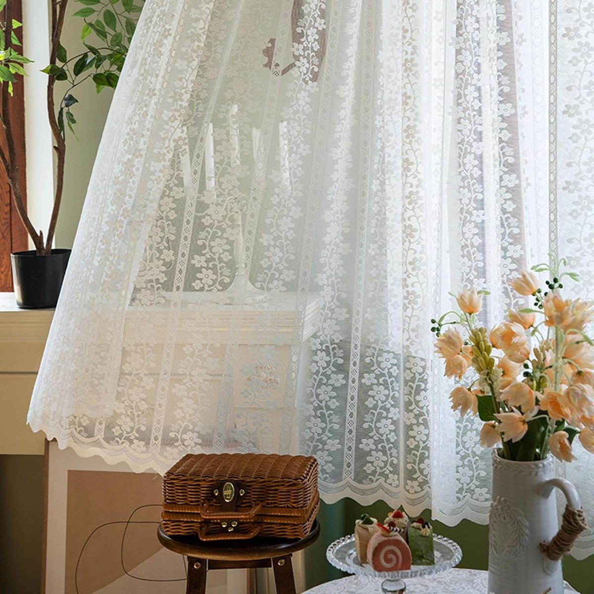 Kanten Gordijnen - Voile Gordijnen Raamdecoratie - Woonkamer Decoratie - Bloemenborduursel - W350xL180cm - Wit