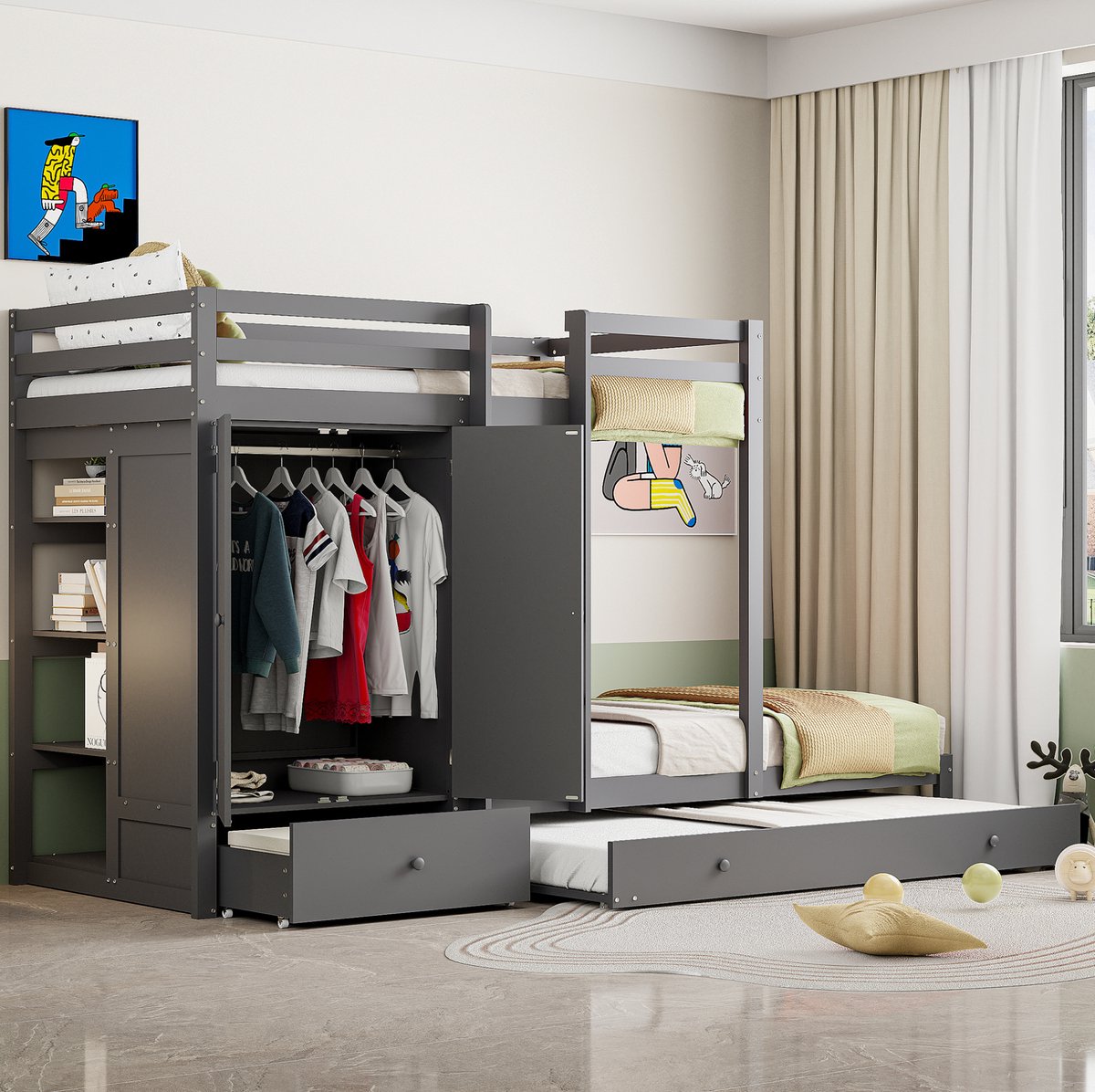 MEUNIQ Stapelbed 90x200 met uitschuifbed, kledingkast, lades en opbergrek, houten bedframe voor kinderkamer of slaapkamer, grijs, 291 x 96 x 170 cm