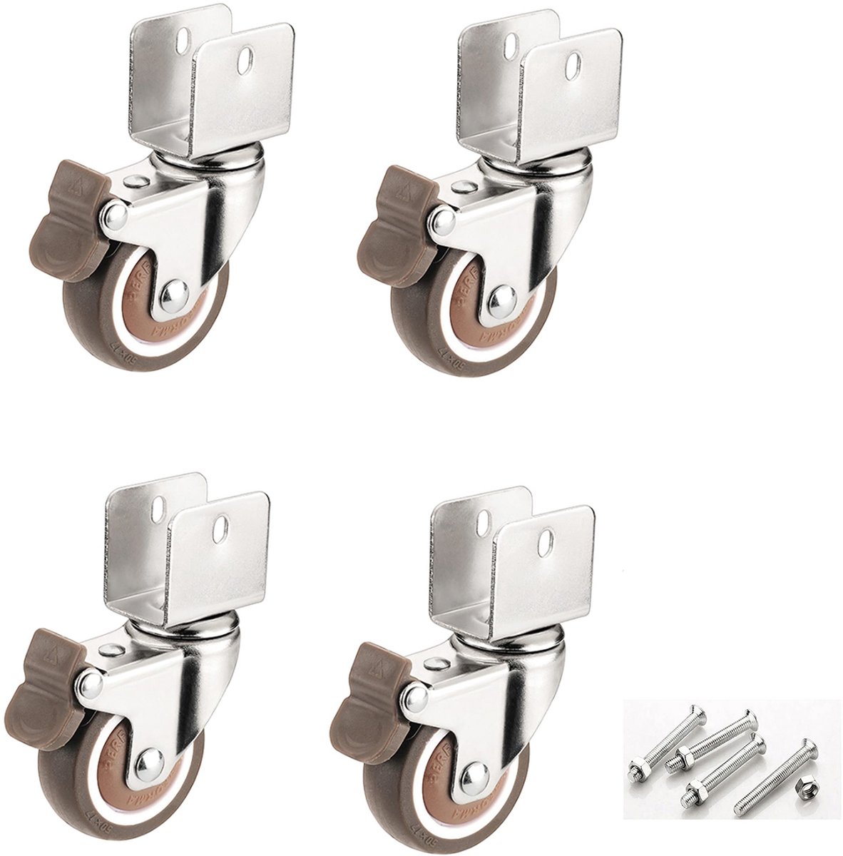 Dailygoods- Meubelwielen 50 mm - Zwenkwielen set van 4 - Zachte rubberen wielen met rem - Geluidsarm - 360 graden draaibaar - Draagvermogen 80 kg