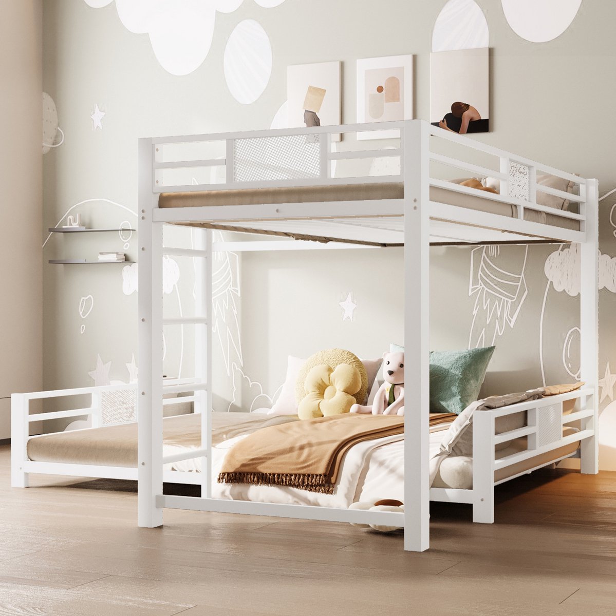 MEUNIQ L-vormig stapelbed 90x200 boven 140x200, metalen bedframe met lattenbodems, veiligheidshekken en trap, 204 x 204 x 130 cm, wit