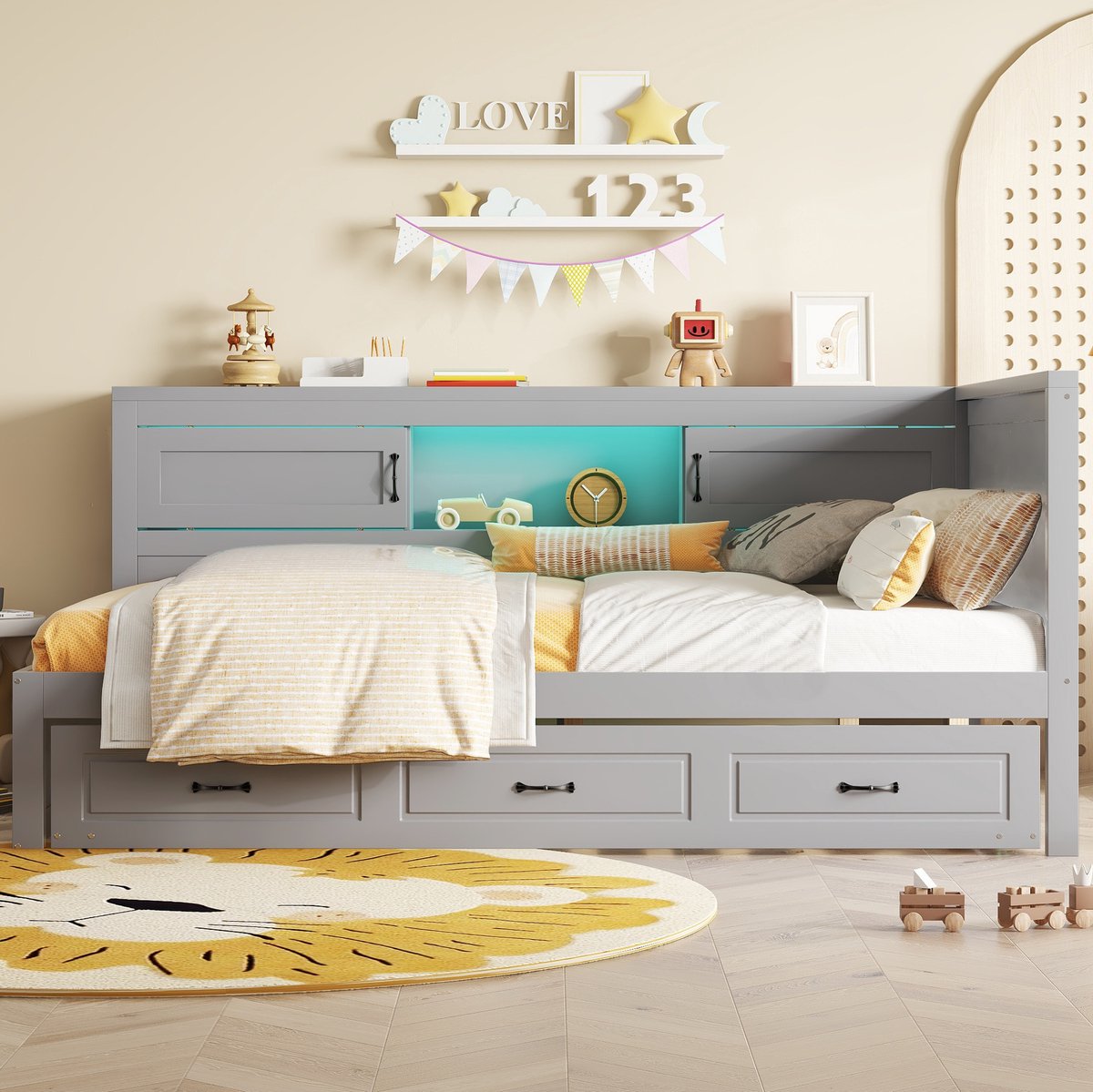 MEUNIQ Bedbank 90x200 cm met uittrekbaar bed 90x190, LED-verlichting, opbergruimte, stopcontact en USB, zonder matras, voor slaapkamer of kinderkamer, grijs