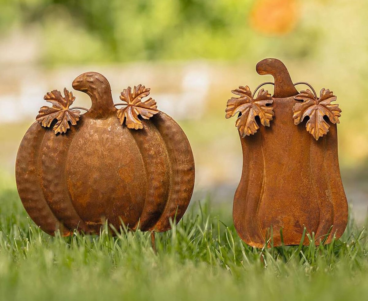 Tuinstekers Pompoen - Herfst decoratie - Buiten versieren - Echte roest afwerking - 10x24 en 17x25 cm - Bruin