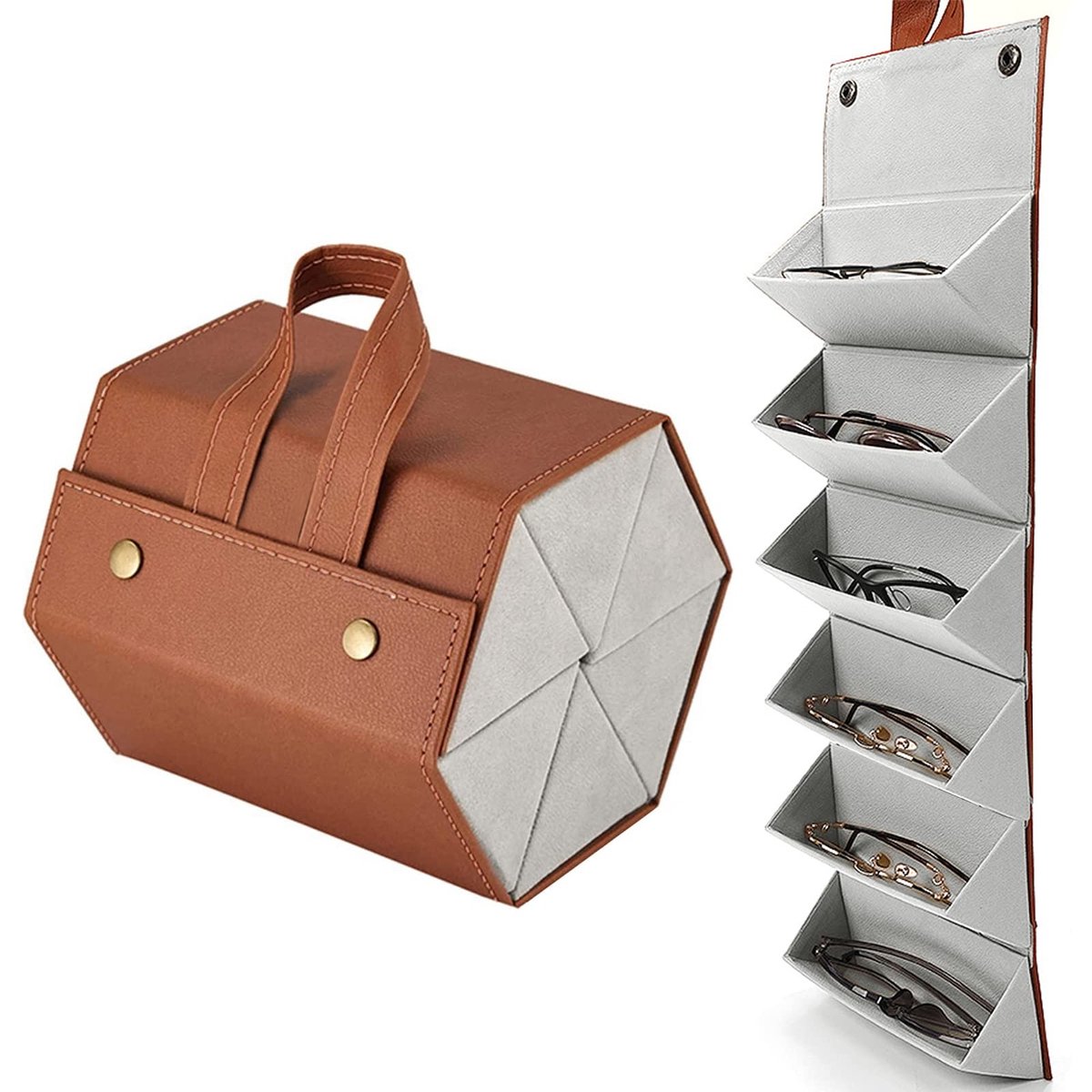 Dailygoods- Zonnebril Opbergdoos 6-Slots - Brillen Organizer - Opvouwbaar - Lichtgewicht - PU Lederen - Handvat voor Transport - Brillenorganizer