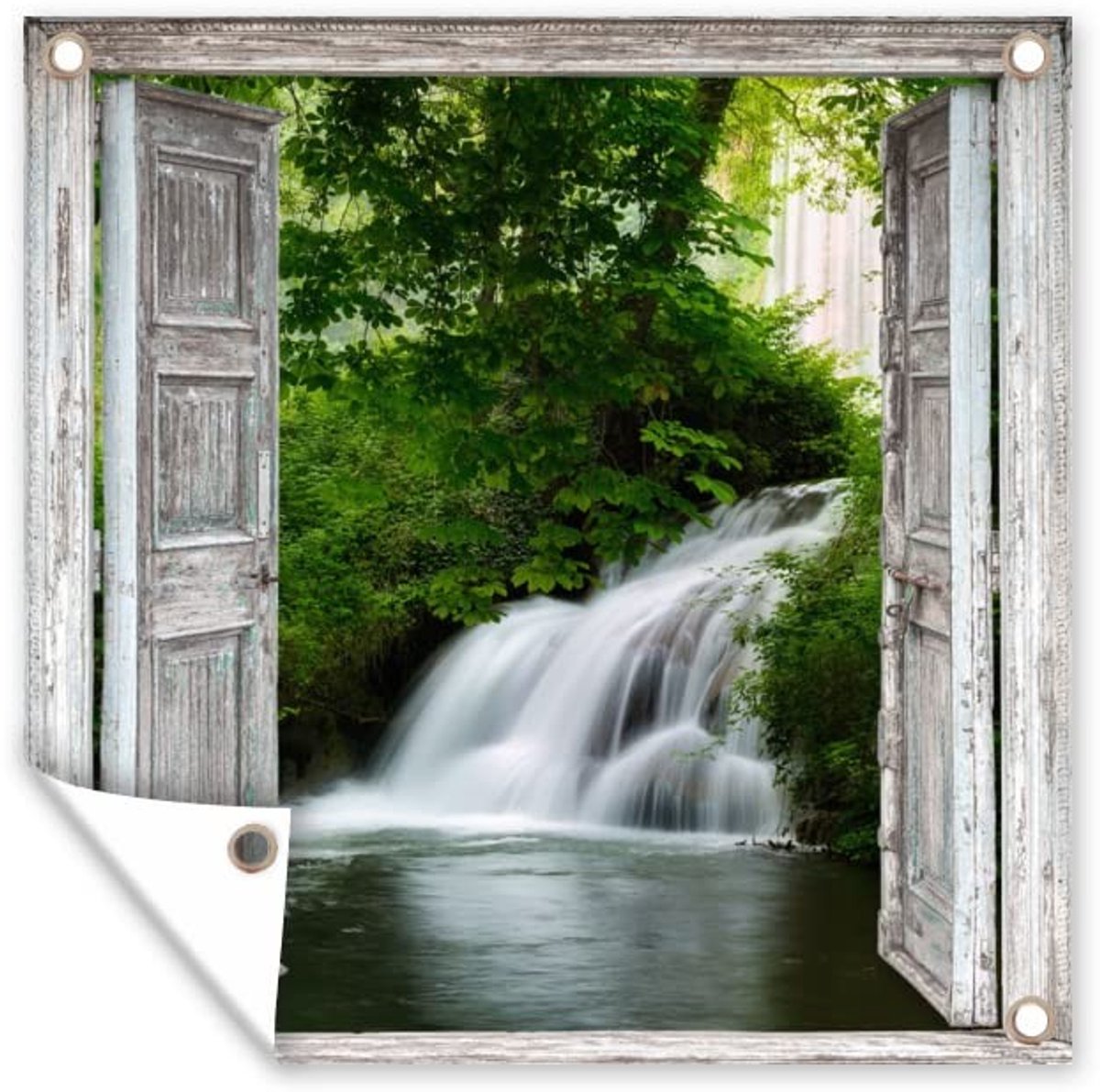 Dailygoods- Tuinposter 100x100 cm - Waterval - Doorkijk - Buitenposter - Tuindoek - Stevige ringen - Bisonyl zeil