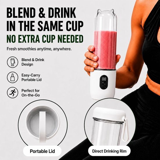 KZQ Draagbare Blender voor Eiwitshakes en Smoothies, 500 ml USB-C Oplaadbare Persoonlijke Blender met Led Scherm, 16-Mes Smoothiemaker voor Thuis Werk Reis van kzq — afbeelding 5