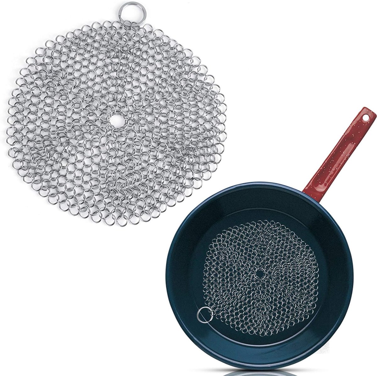 Gietijzeren Panreiniger - Roestvrij Staal - Pannen Schoonmaken - Met Ophangring - 18x18cm - Zilver