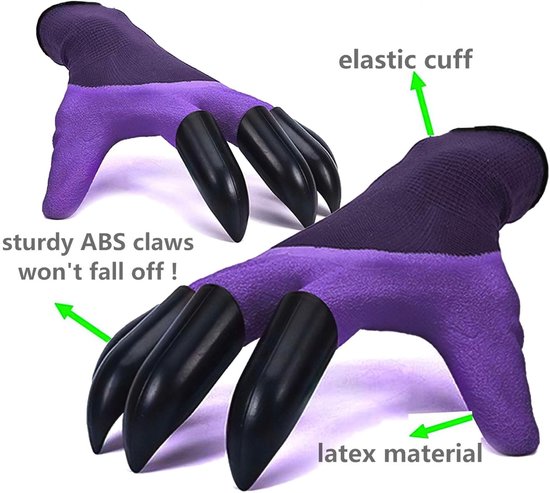 Twee paarse tuinhandschoenen met zwarte ABS-klauwen, elastische boorden en latex materiaal aangeduid met pijlen.