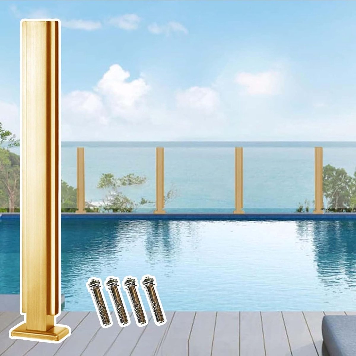 Glazen relingpaal - Balustrade hek - Balkon terras - Roestvrij staal - 140cm hoogte - Goud