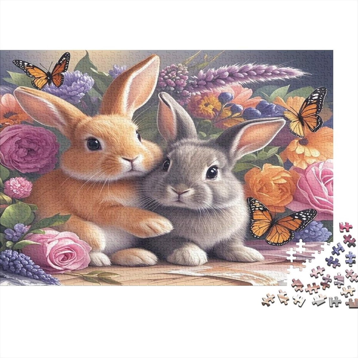 Konijnenpuzzel 1000 stukjes - Bloemenpuzzel spel - Ontspanning thuis - Levendige printkwaliteit - 38 x 26 cm - Stijl 4