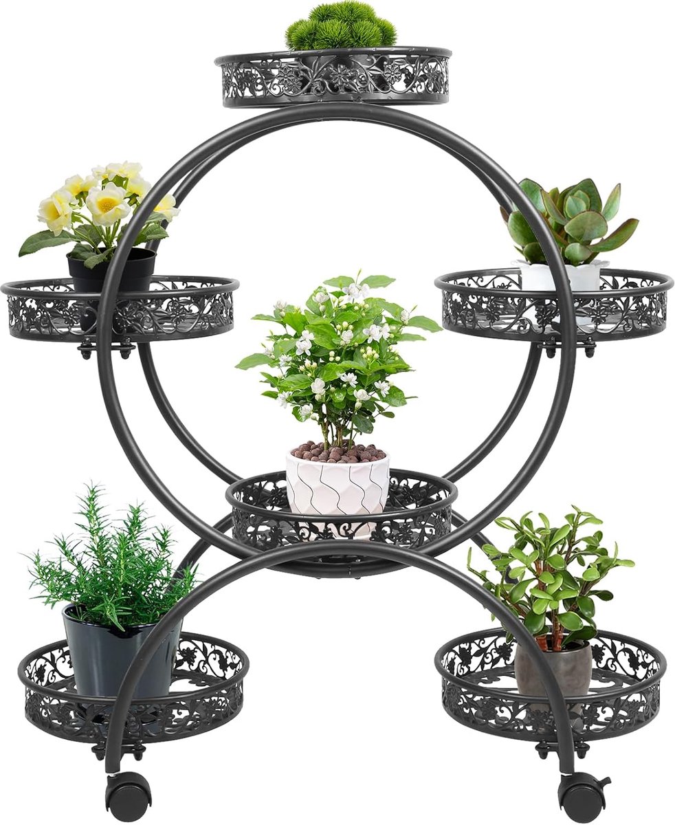 Plantenstandaard Met Wielen - Bloemenhouder Plank - Planten Presenteren - 6 Laags Ontwerp - 51x32x78cm - Zwart