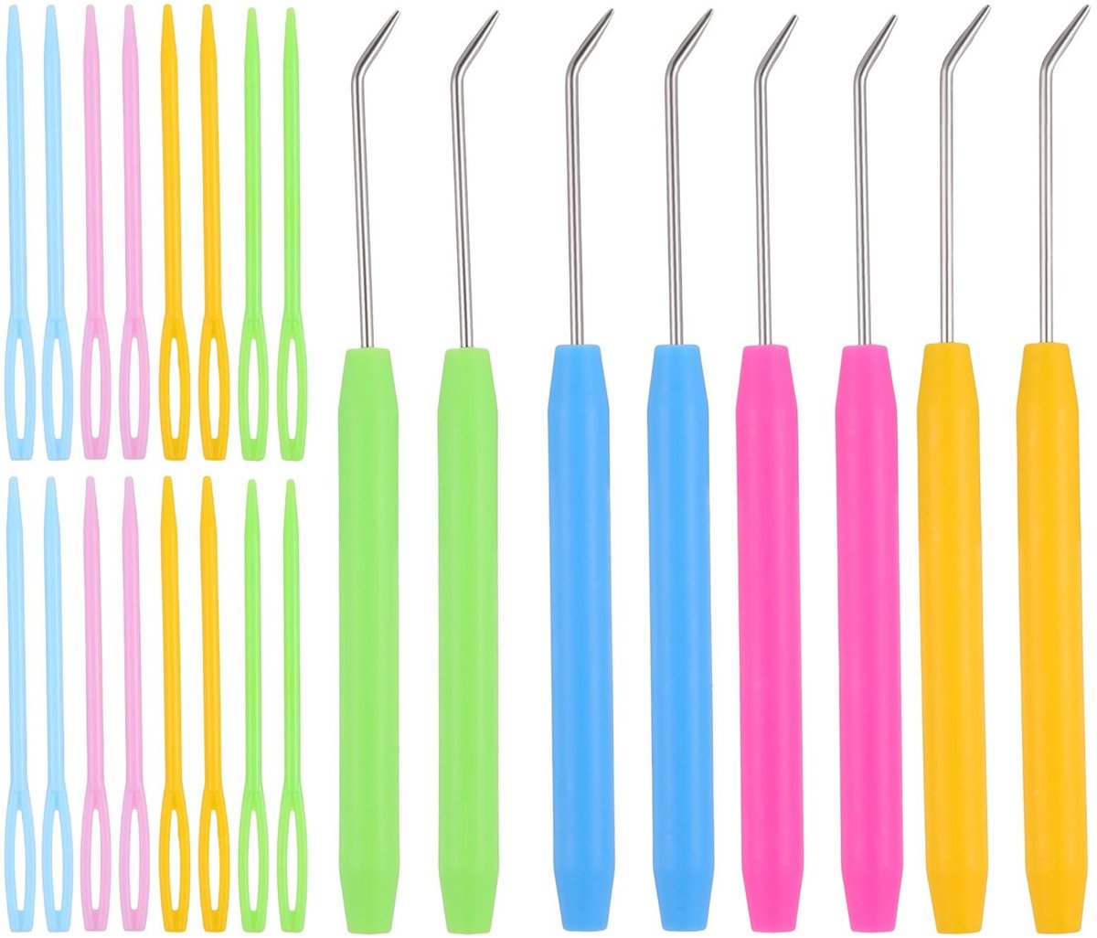 Dailygoods- Haaknaalden Set 24 Stuks - 8 Haaknaalden 14,5 cm - 16 Grote Oognaalden 7 cm - Duurzaam Materiaal - Kleuren: Roze/Geel/Blauw/Groen - Breinaalden