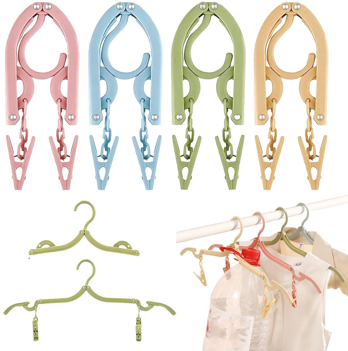 Dailygoods- Kleerhanger Ruimtebesparend - Draagbare Hanger met Clip - Multifunctionele Reishanger - 4 Stuks - Hoogwaardig PP - Lichtgewicht en Duurzaam - Kledinghanger