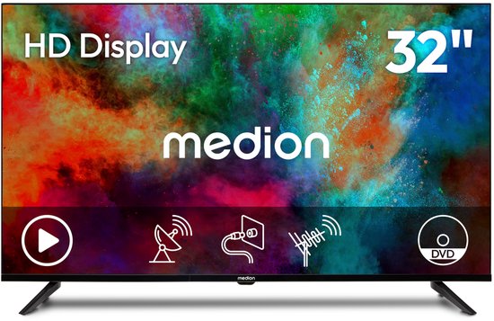 MEDION 32-inch HD tv met logo en pictogrammen voor play, satelliet, HDMI, wifi en DVD.