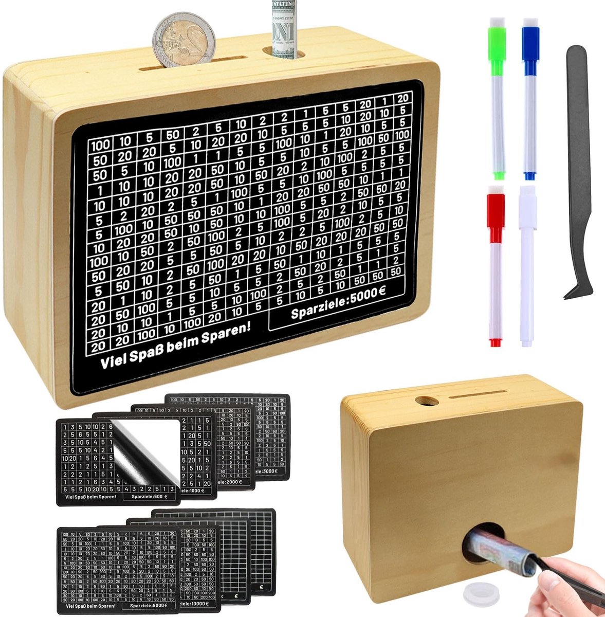 Dailygoods- Spaarpot Hout - Herbruikbare Spaarbox met Cijfers - Spaardoel tot €5.000 - Spaarboekje met Teller - Bruine Spaarpot - Geen Montage