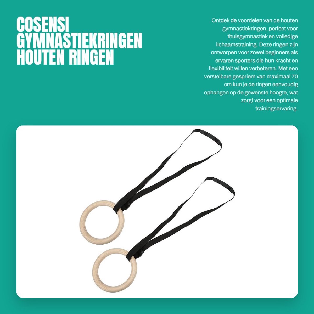 Dailygoods- Gymnastiekringen Houten Ringen 150 kg Belastbaarheid - Verstelbare Gespriem 70 cm - Thuisgymnastiek - Volledige Lichaamstraining - Slijtvaste Rubberen Pads - Duurzaam en Stabiliteit - Turnringen