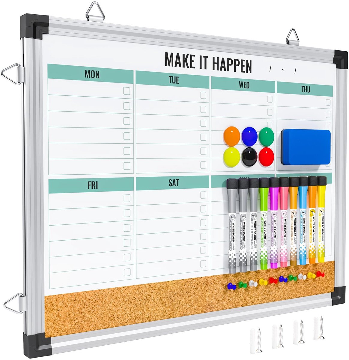 Dailygoods- Kalender Dubbelzijdig Magnetisch - Weekplanner - Whiteboard - Kurkbord - 17"x13" - Aluminium Frame - Duurzaam