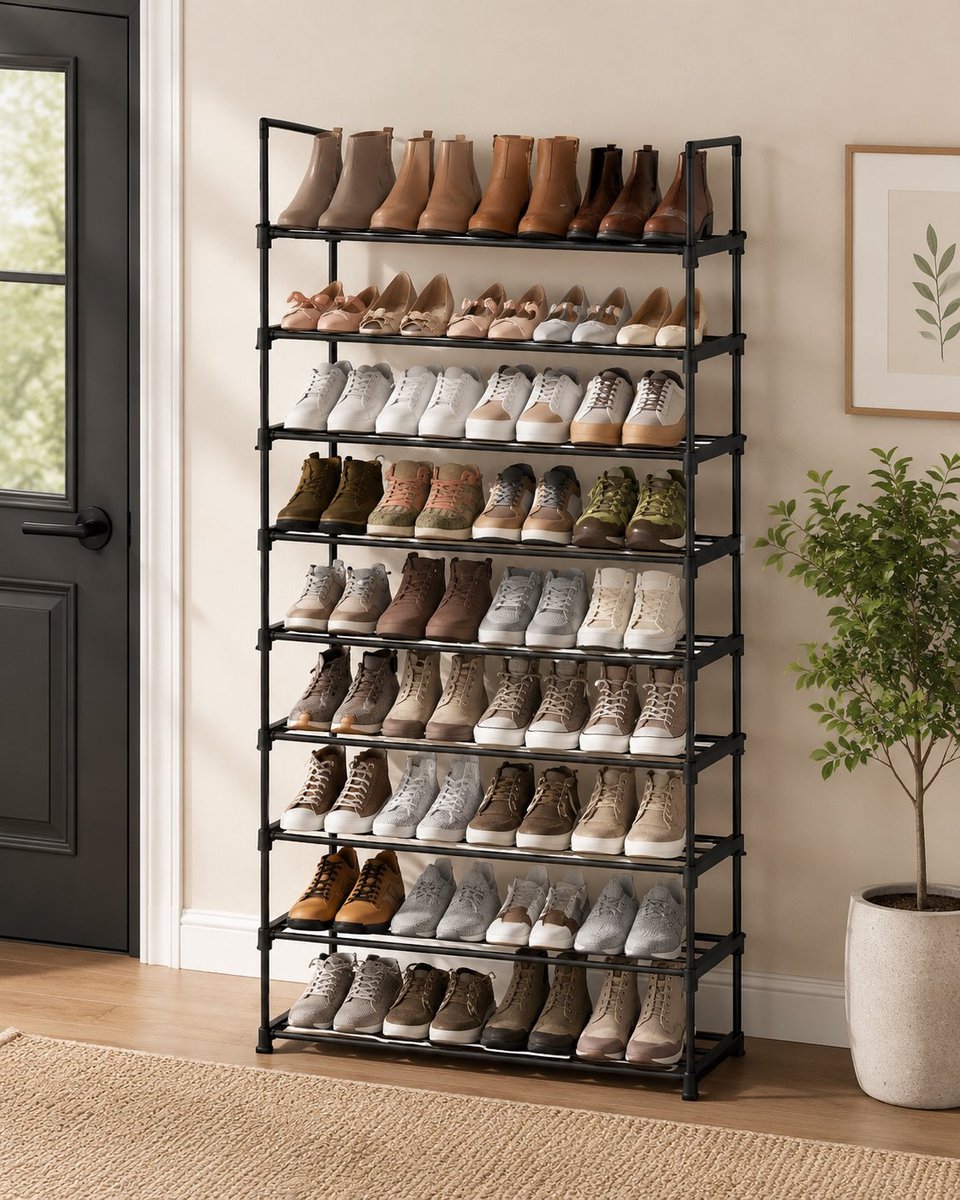 Nazik Living Schoenenrek 10 Niveaus - Metaal Schoenenopslag voor tot 50 Paar Schoenen - Opbergplank voor Woonkamer, Hal en Kleedkamer - 30 x 94 x 206 cm - Zwart