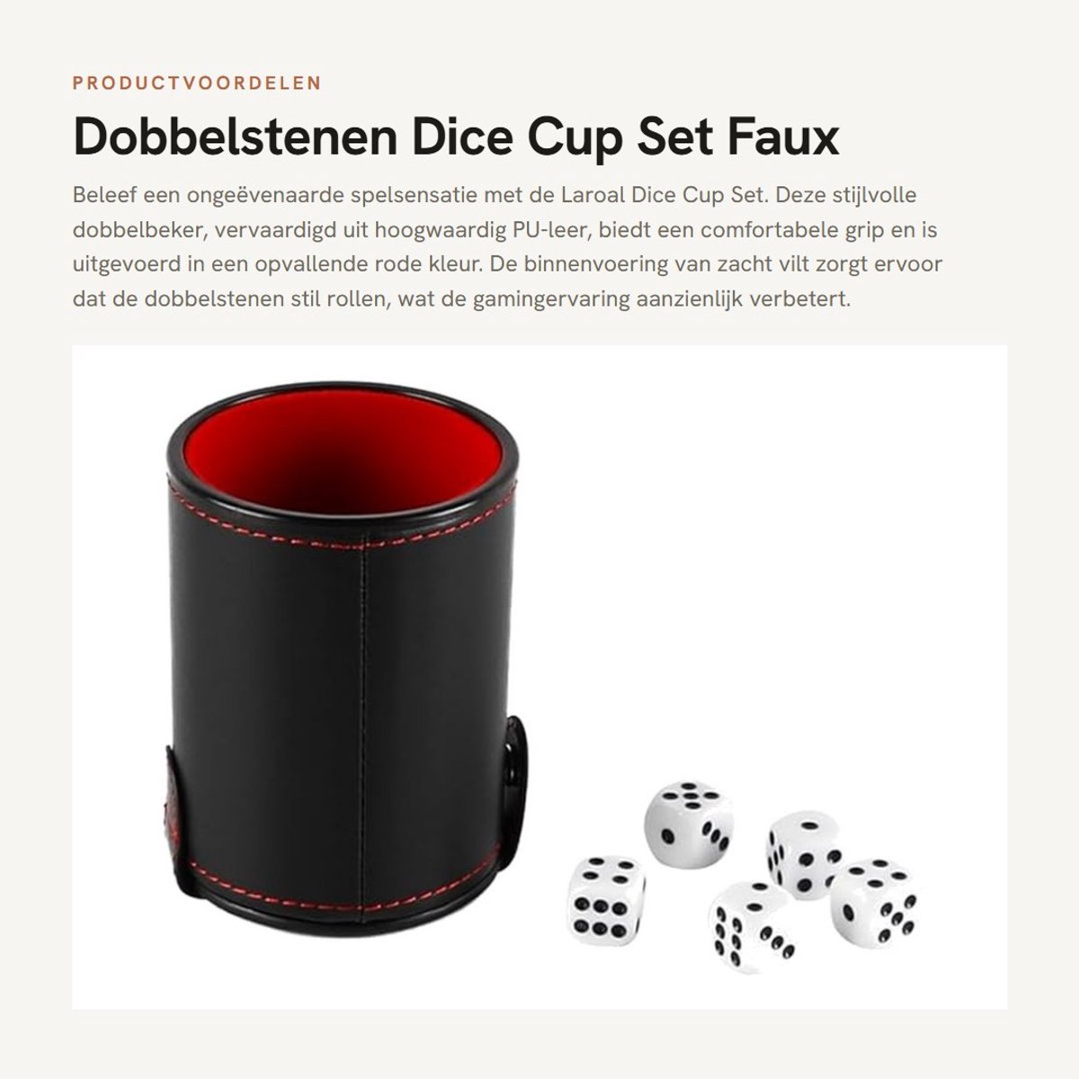 Dailygoods- Dobbelbeker Professioneel - PU Leer - 5 Dobbelstenen - Geluidsarm - Dubbele Bodem - Rood Vilt Binnenkant - Dobbelset