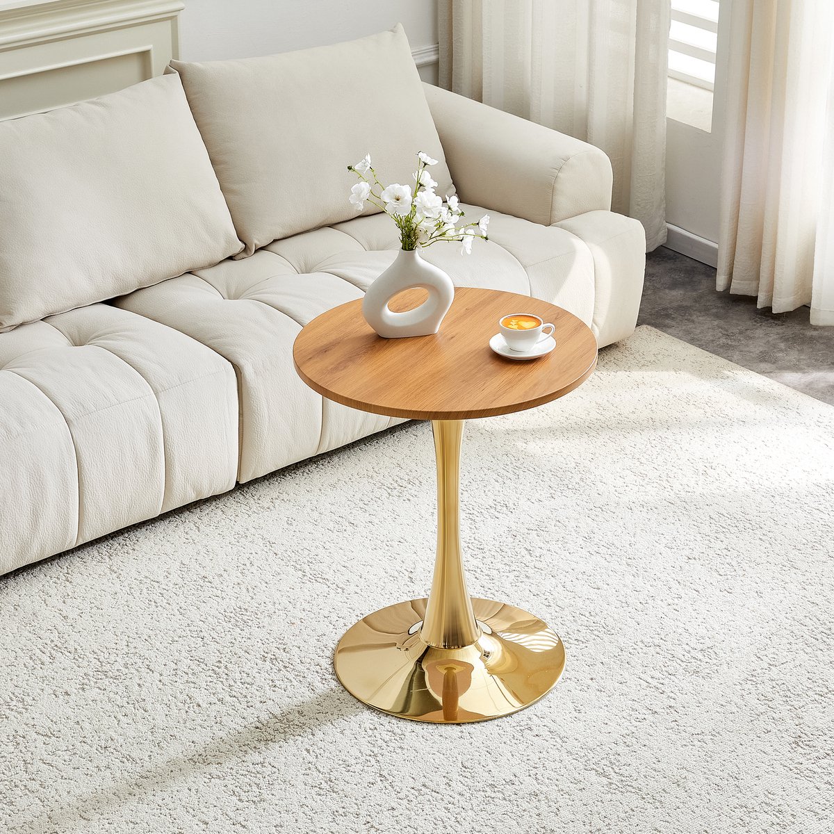 Salontafel - Tafel - Bijzettafels - Rond - 60x60x72 cm - Moderne Bijzettafels - Zandloperontwerp - Moderne salontafel - Goudkleurig, naturel houtkleurig