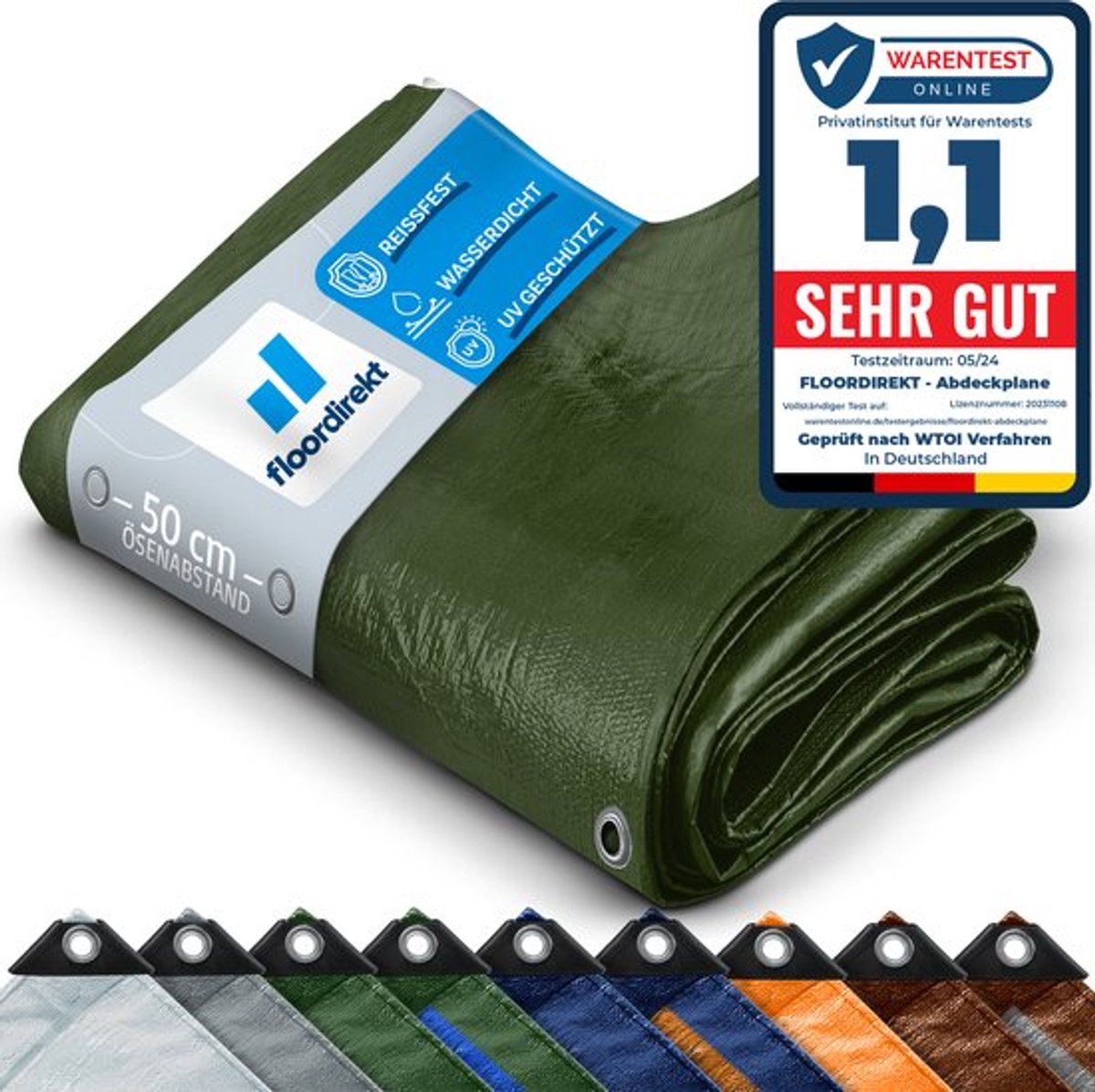FLOORDIREKT Dekzeil - Stoffen Dekzeil - Beschermhoes - Bootzeil - Tentonderzeil voor Camping & Outdoor - Waterdicht - Met Zeilogen - 80 g/m² - Wit - 1,5 x 6 m