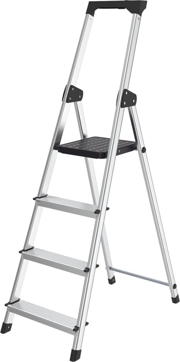 Huishoudtrap 4 Treden - Keuken trap - Veilig Klussen - Inklapbaar Aluminium - 150 kg Draaglast - Zilver Zwart