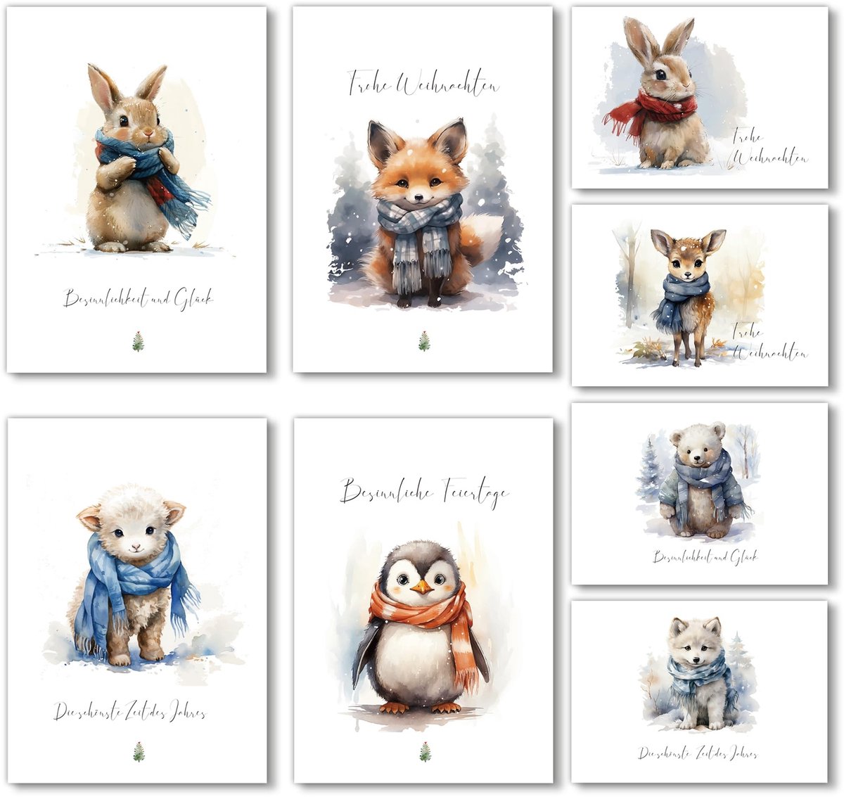 Dailygoods - BIROYAL Kerstkaarten met envelop set 16 stuks - A6 vouwkaarten Kerstmis - 8 dieren motieven kerstkaarten set - Kerstkaart - Kerstgroetkaarten - lege binnenkant kerstpostkaarten