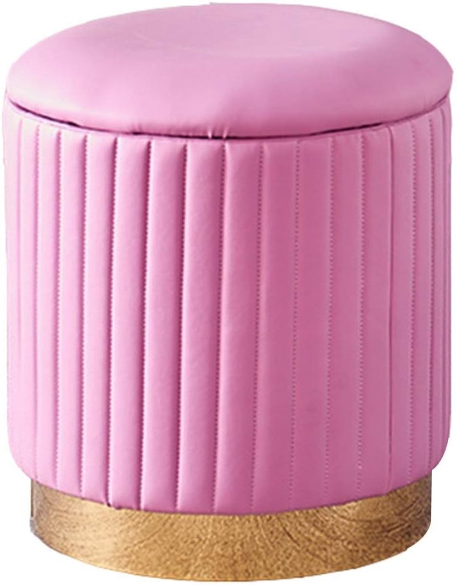 Ronde Ottomaan - Voetenbankje Poef - Opbergen Woonkamer - Met Opbergruimte - 40x43cm - Roze Strepen