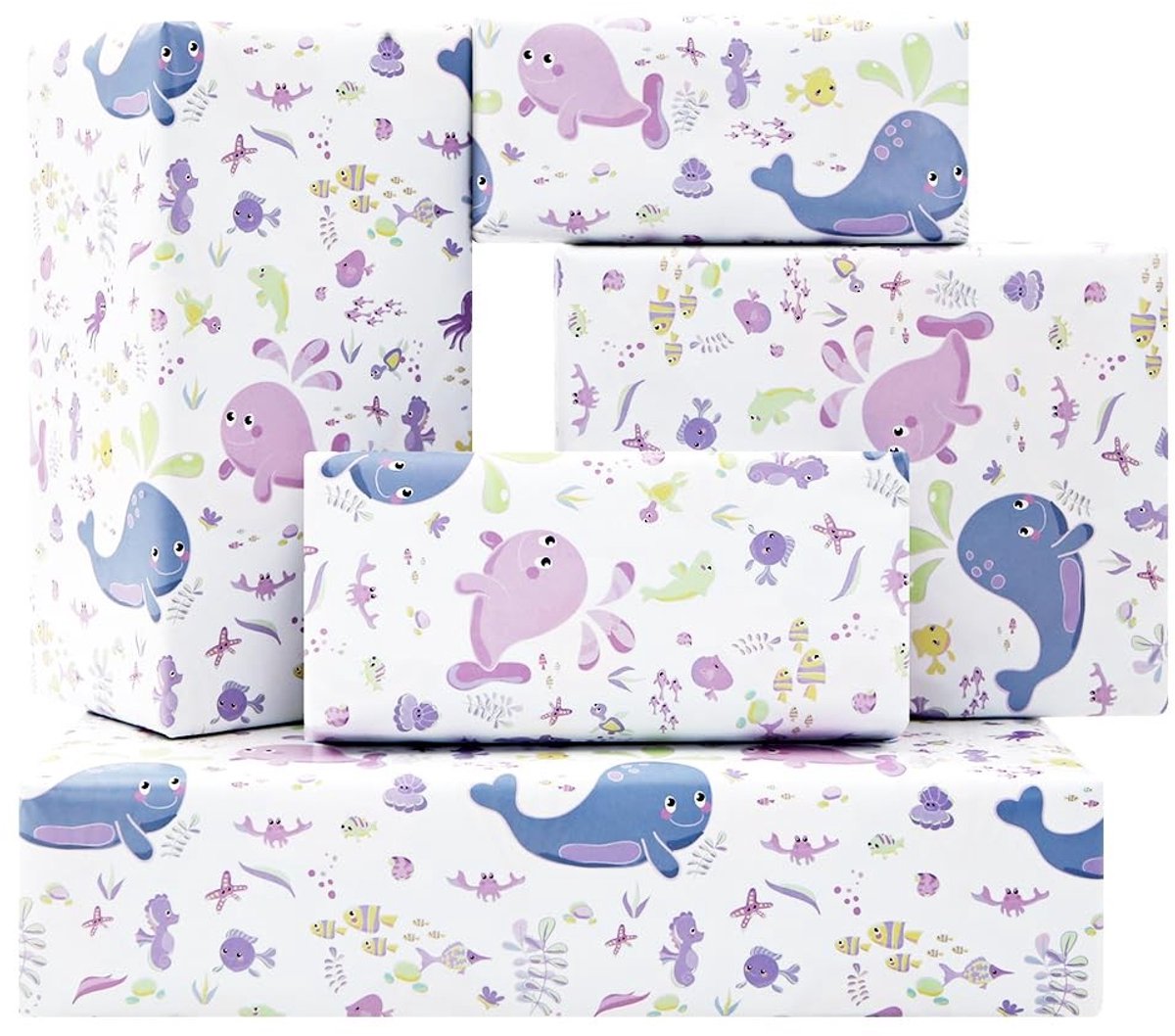 Dailygoods- Inpakpapier Verjaardag - Oceaan Thema - 4 Vellen 50x70 cm - Cadeaupapier Kinderen - Walvis/Octopus/Zeepaardje - Kleurrijk en Speels