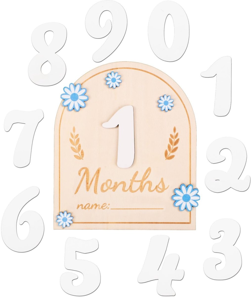 Dailygoods- Babymijlpaalkaarten Houten Set - Maandelijkse Fotorekwisieten - 0-12 Maanden - Gebogen Bord - Inclusief Houten Cijfers - 16,5 x 14 cm - Groeikaarten