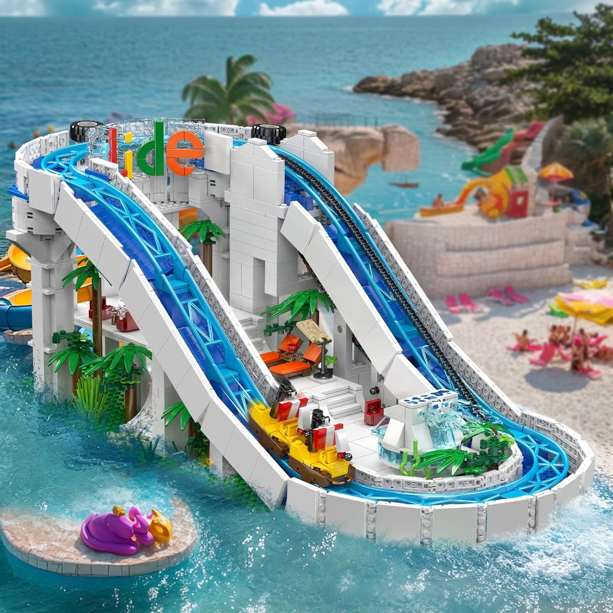 Mould King 11021 Waterglijbaan attractie bouwset | Kermis architecture ideas modelbouw | Technisch creator classic speelgoed bouwpakketten voor volwassenen & kinderen | Expert icons muziekdoos | Motor niet geschikt voor Lego technic | 2088 bouwstenen — afbeelding 8
