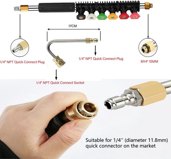 Dailygoods- Verlengingsstang 15 Inch - Hogedrukreiniger - Vervangende Lans - Gootreemschoonmaakgereedschap - 6 Mondstukken - Maximaal 4000 PSI - Hogedrukreinigerlans van Dailygoods — afbeelding 3