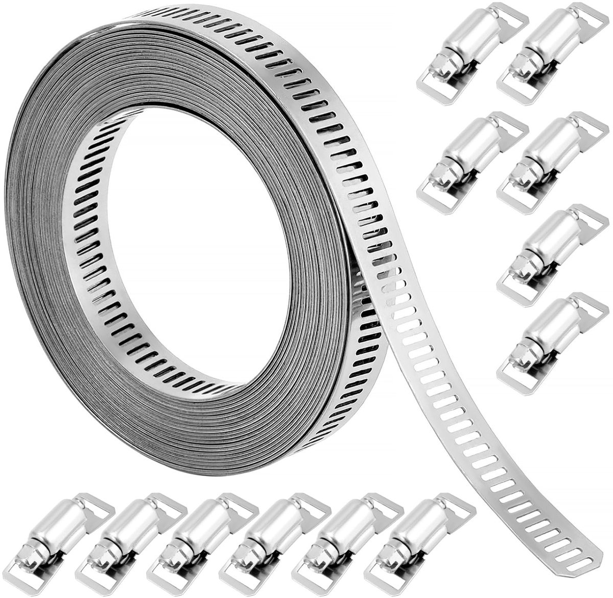 Dailygoods - QWORK® 304 RVS verstelbare slangklemmen, slangklemmen 5m met 12 bevestigingsmiddelen voor pijpen en brandstofleidingen, pijpen, luchtkanalen