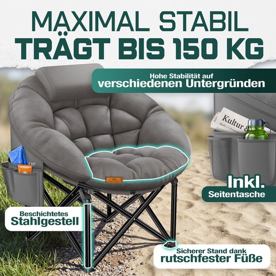 KESSER® Campingstoel Opvouwbaar 150kg Draagvermogen Incl Zitkussen, Hoofdkussen, zij en transporttas van KESSER — afbeelding 4