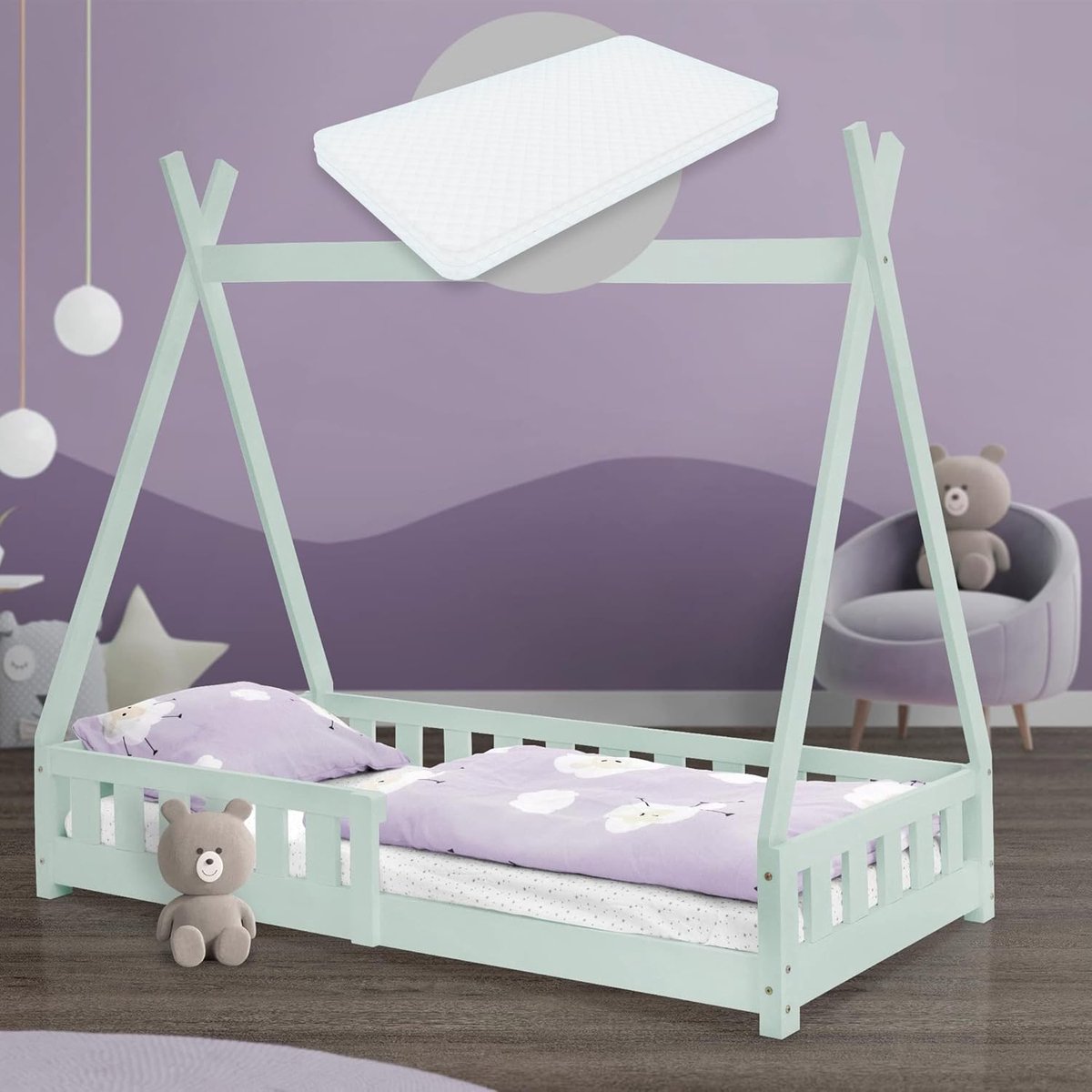 Kinderbed Tipi - Huisbed Speelbed - Kinderkamer Inrichting - Inclusief Matras - 80x160 cm - Mint