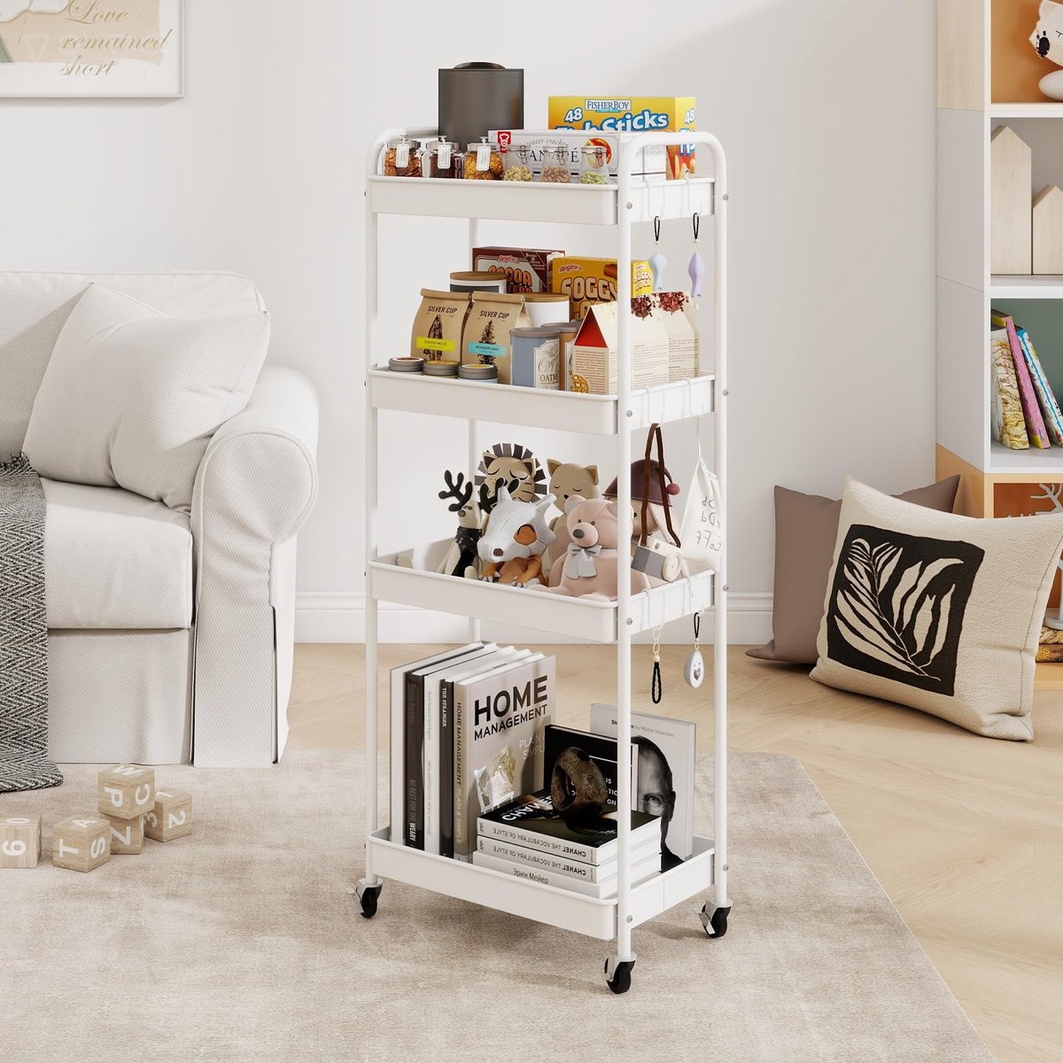 Dailygoods- Opbergwagen met 4 niveaus - Trolley - Metaal - Eenvoudig te monteren - Wit - Veiligheidswaarschuwing
