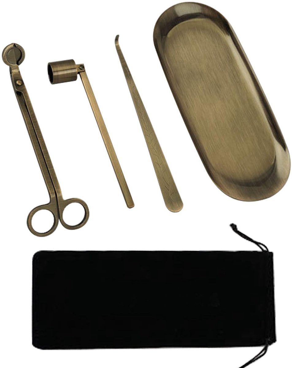 Dailygoods - 4-in-1 kaarsaccessoireset, kaarssnuifje, kaarslontsnijder, kaarsendipper, opbergbakplaat, kaarsverzorgingsset met fluwelen zakje voor kaarsliefhebber (brons)