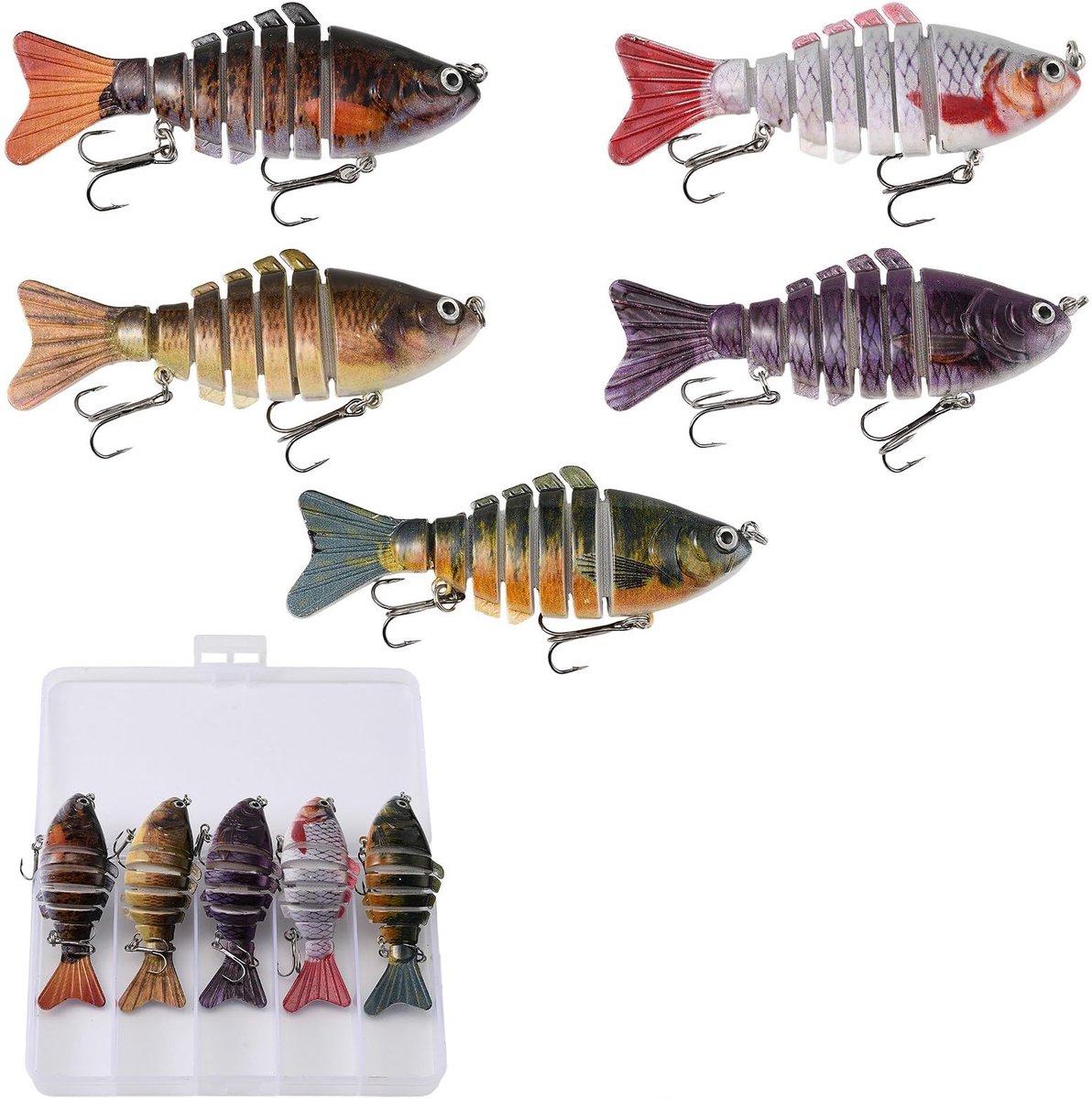 Dailygoods- Wobbler Set 5 Stuks - Flexibele Gewrichten - 10 cm/15 g - Kunstaas Snoek/Roofvis - Holografische Ogen - Realistische Zwembeweging