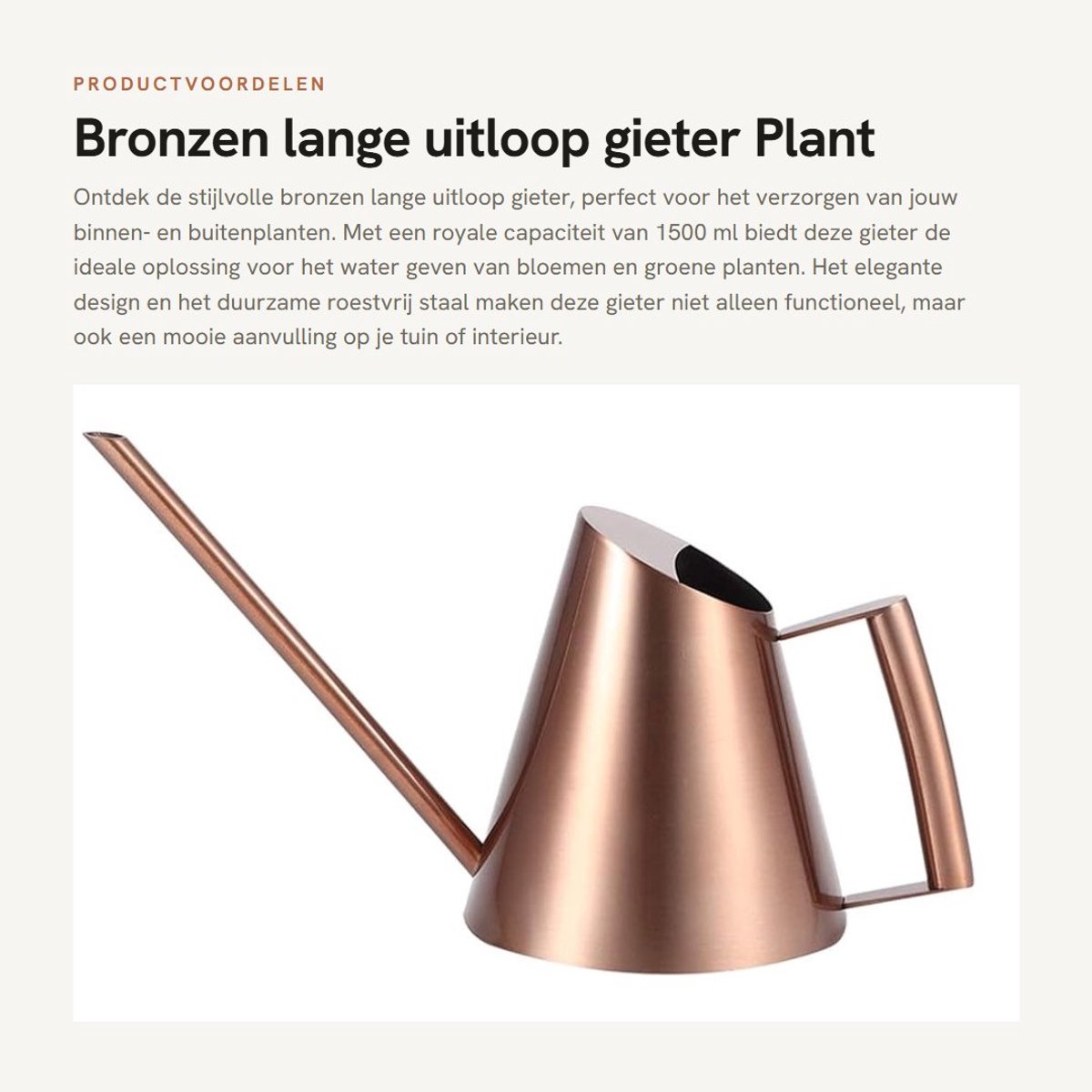 Dailygoods- Gieter 1500 ml - Roestvrij Staal - Bronzen - Waterkoker - Tuin - Binnen/Buiten - Lichtgewicht - Plantengieter